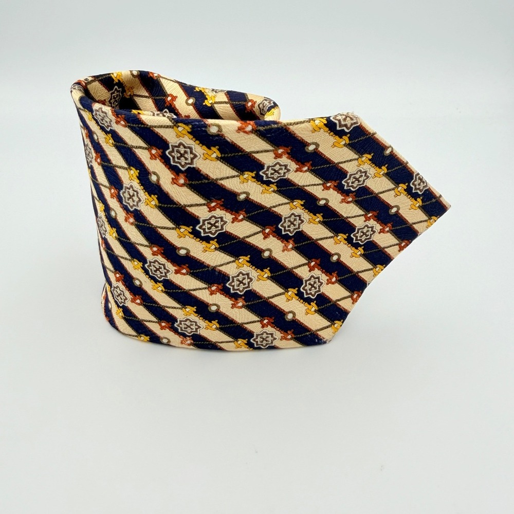 Daniel Ellissa Mens Silk Necktie Navy Blue Cream Geometric Stripe Medallion Tie